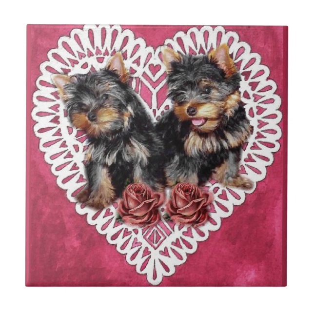 Yorkshire Terrier Puppies Valentines Fliese (Vorderseite)