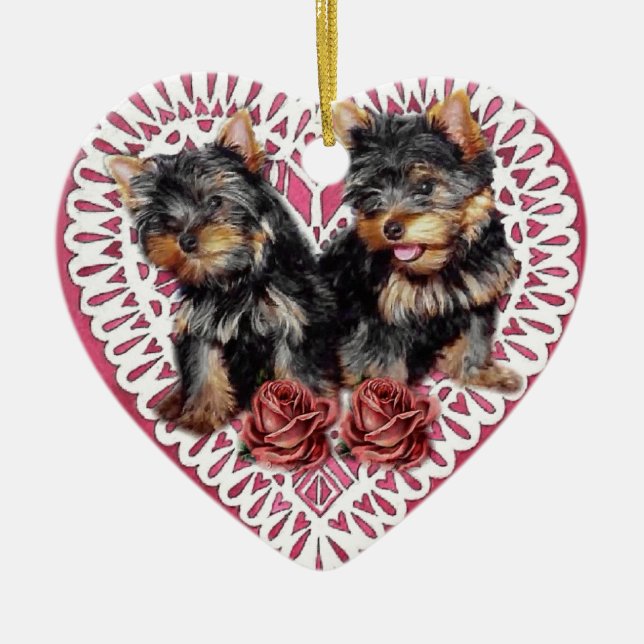 Yorkshire Terrier Puppies Valentines Keramik Ornament (Vorne)