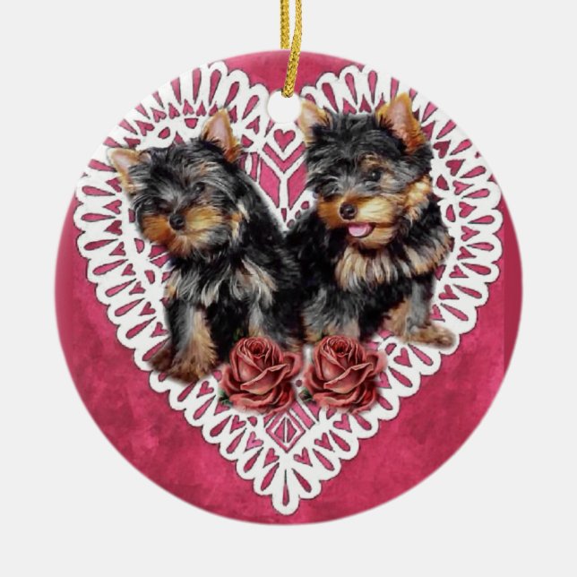 Yorkshire Terrier Puppies Valentines Keramik Ornament (Vorne)
