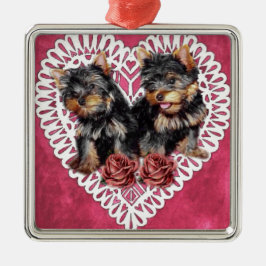 Yorkshire Terrier Puppies Valentines Silbernes Ornament