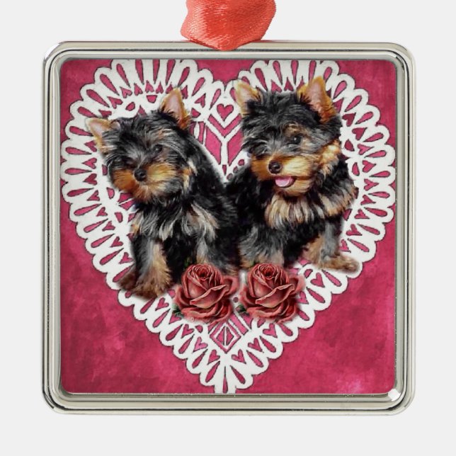 Yorkshire Terrier Puppies Valentines Silbernes Ornament (Vorne)