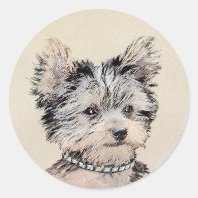 Yorkshire Terrier Puppy Painting Original Hundesch Runder Aufkleber (Vorderseite)