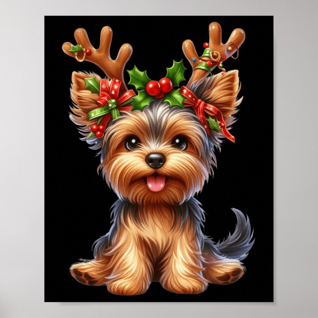 Yorkshire Terrier Reindeer Weihnachtsmannmütze Xma Poster (Vorne)