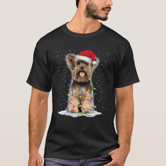 Yorkshire Terrier Santa Christmas Tree Lights Xmas T-Shirt (Vorderseite)