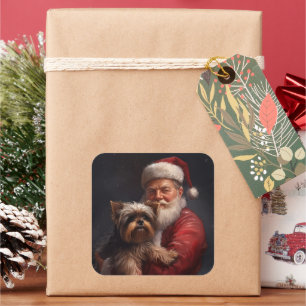 Yorkshire Terrier Santa Claus Weihnachten Quadratischer Aufkleber