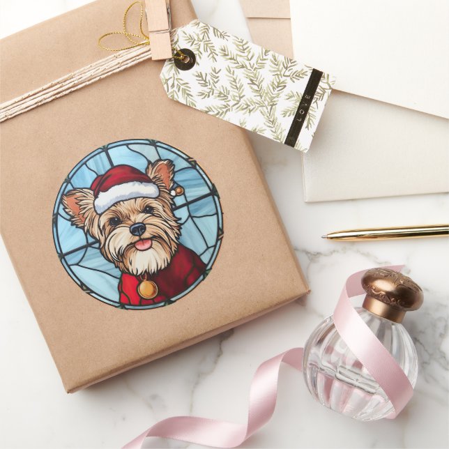 Yorkshire Terrier Stared Glass Christmas Runder Aufkleber (Schenken)