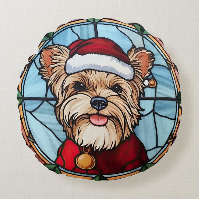 Yorkshire Terrier Stared Glass Christmas Rundes Kissen (Vorderseite)