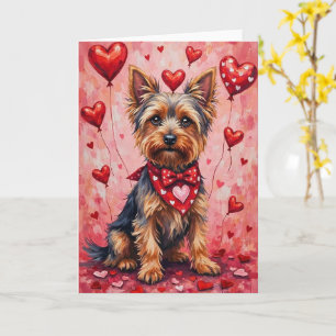 Yorkshire Terrier Valentinstag Hund sitzt mit Herz Karte