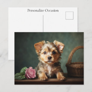 Yorkshire Terrier Vintage Süßer Welpe Rosenporträt Feiertagspostkarte