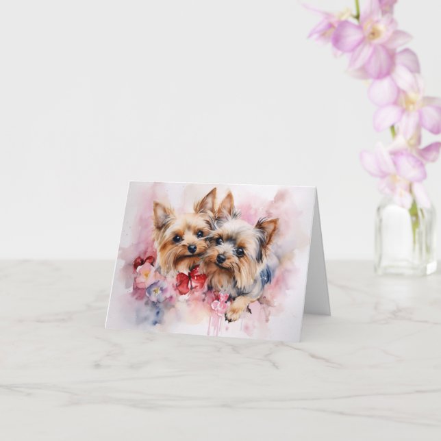 Yorkshire Terrier Wasserfarbe Valentins-Paar Karte (Orchidee)