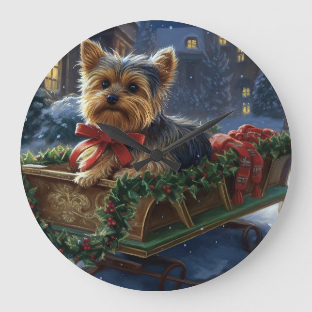 Yorkshire Terrier Weihnachtsfeiertage Große Wanduhr (Vorderseite)