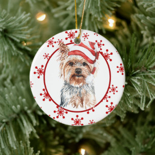 Yorkshire Terrier Weihnachtsmannmütze Red Snowflak Keramik Ornament