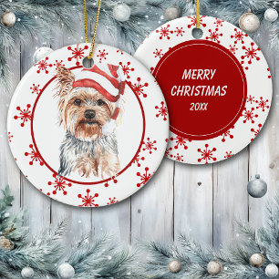 Yorkshire Terrier Weihnachtsmannmütze Red Snowflak Keramik Ornament