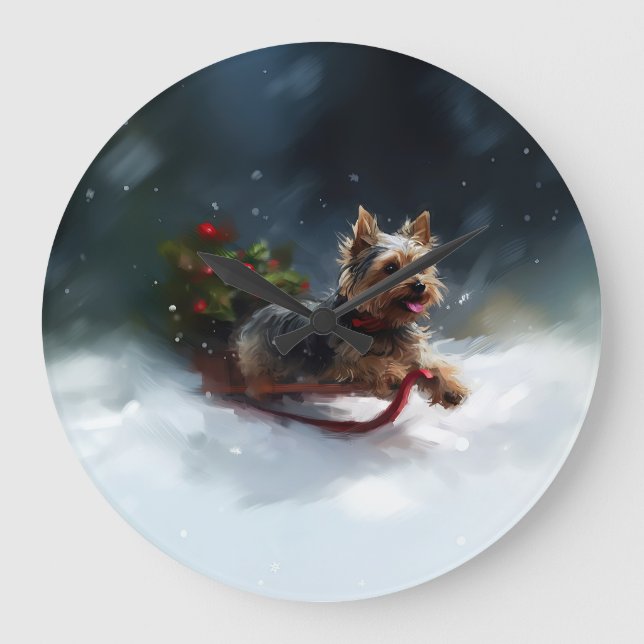 Yorkshire Terrier Weihnachtsschnee Große Wanduhr (Vorderseite)