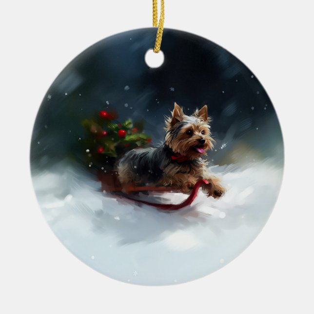 Yorkshire Terrier Weihnachtsschnee Keramik Ornament (Vorne)
