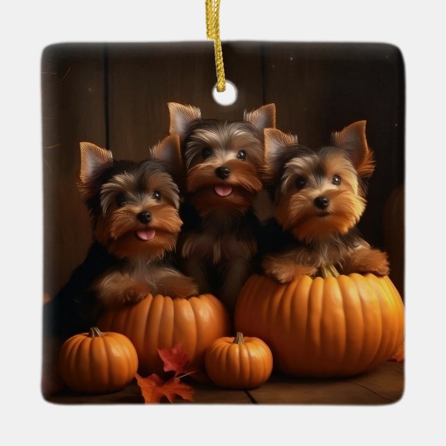 Yorkshire Terrier Welppy Autumn Delight Pumpkin Keramikornament (Vorderseite)