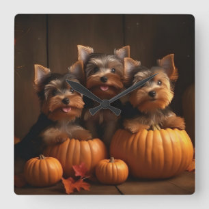 Yorkshire Terrier Welppy Autumn Delight Pumpkin Quadratische Wanduhr