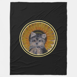 Yorkshire-Welpe Hund & Sonnenblume auf Schwarz Fleecedecke
