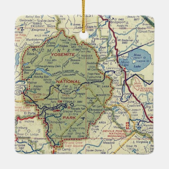 Yosemite Nationalpark 50's Karte Keramikornament (Rückseite)