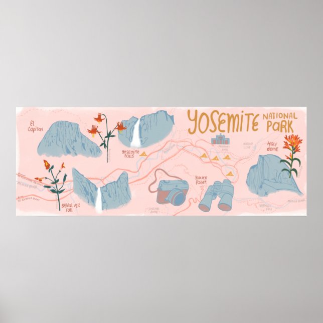 Yosemite Nationalpark Karte Beschreibung Pink Poster (Vorne)