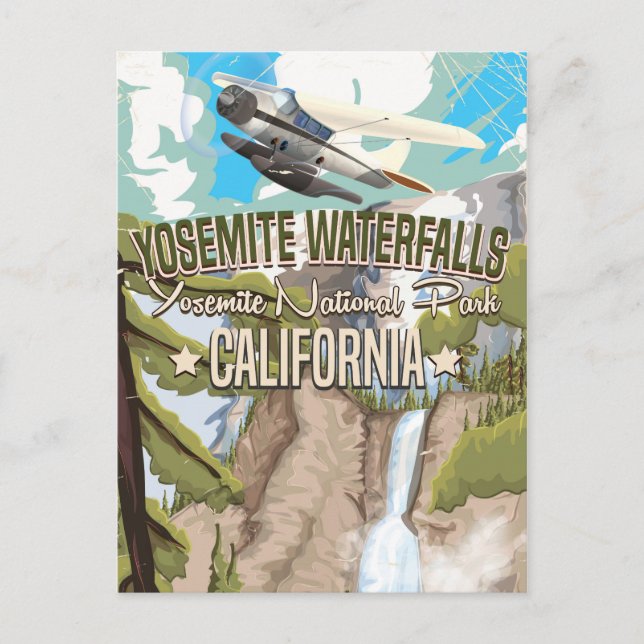 Yosemite Waterfall Vintage Reiseplakat Postkarte (Vorderseite)