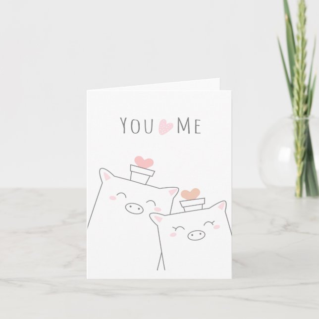 You and Me Cute Pig Pink Heart Love Greeting Card Karte (Vorderseite)