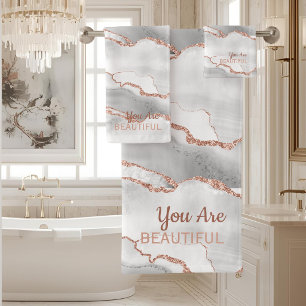 "You are Beautiful" White Agate Rose Gold Glitzer Badhandtuch Set