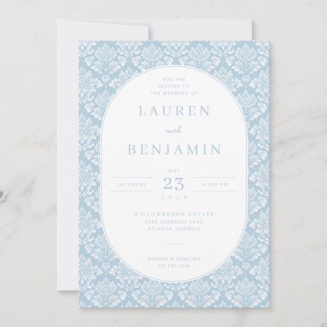 You Are Invited Elegant Blue Damask Einladung (Vorderseite)