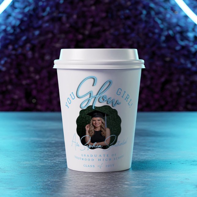 You Glow Girl Wavy Blue Neon Abschluss Foto Pappbecher (You Glow Girl Wavy Blue Neon Graduation Photo Paper Cups)