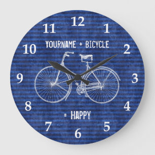 You Plus Bicycle Equals Happy Antique Stripes Blue Große Wanduhr