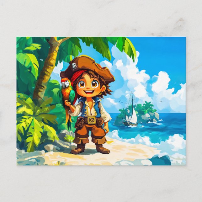 Young Adventurer auf Schatzinsel mit Papagei Postkarte (Vorderseite)