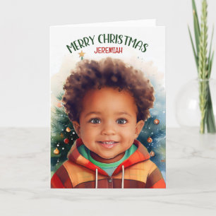 Young African American Boy with Name Christmas Feiertagskarte