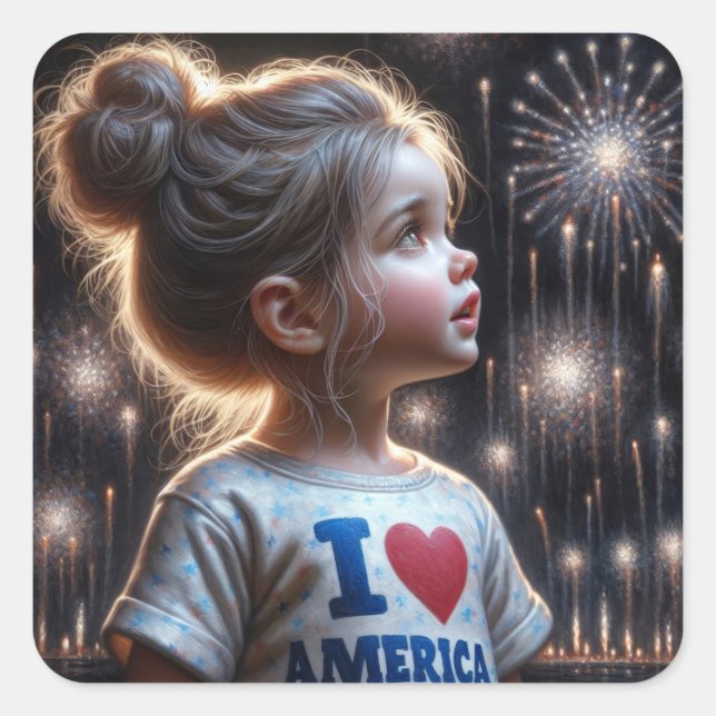 Young American Girl Watching Fireworks Quadratischer Aufkleber (Vorderseite)