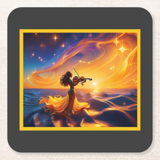 Young Asian Girl Playing Violine Surreal Scene Rechteckiger Pappuntersetzer (Vorderseite)