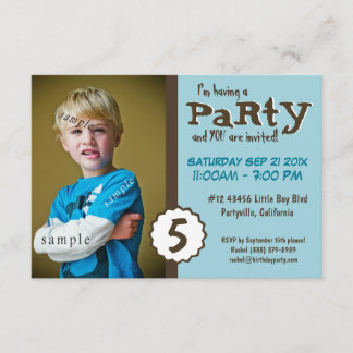Young Boy Foto Brown Blue Geburtstagsparty Einladung