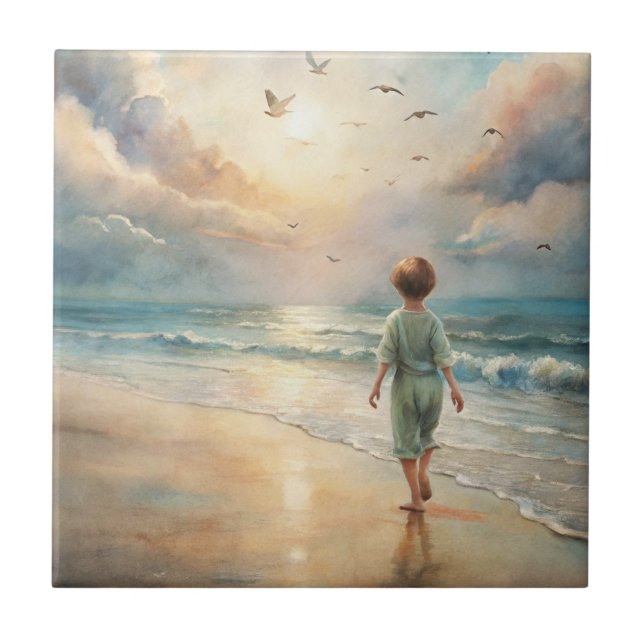 Young Boy on Beach Fliese (Vorderseite)