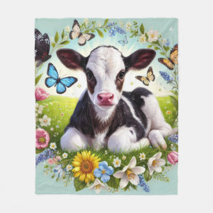 Young Calf mit Blumenreath und Schmetterlingen Fleecedecke