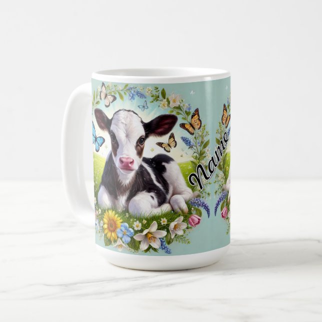 Young Calf mit Blumenreath und Schmetterlingen Kaffeetasse (Vorderseite Links)