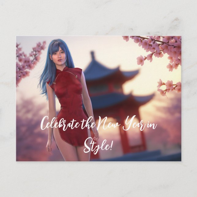Young Cheongsam Beauty Posing für chinesisches Neu Postkarte (Vorderseite)