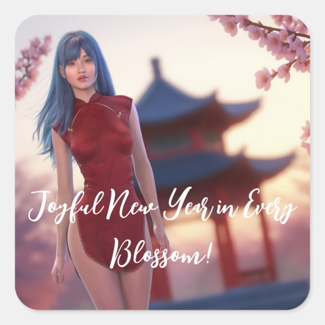 Young Cheongsam Beauty Posing für chinesisches Neu Quadratischer Aufkleber (Vorderseite)