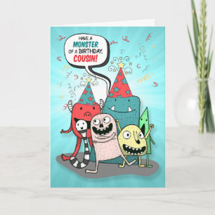 Young Cousin Birthday Monsters Cartoon Style Feiertagskarte