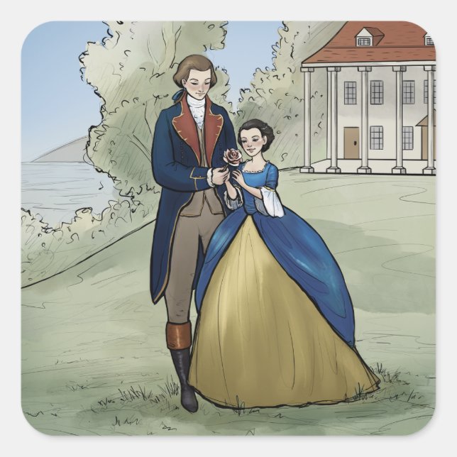 Young George und Martha Washington am Mount Vernon Quadratischer Aufkleber (Vorderseite)