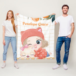 Young Girl and Cat Orange Rose + Individuelle Name Fleecedecke