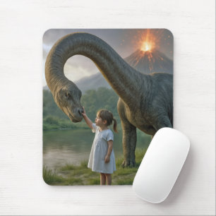 Young Girl Befriending a Dinosaur Mousepad