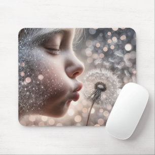 Young Girl Blasen Dandelion Seedlings Mousepad