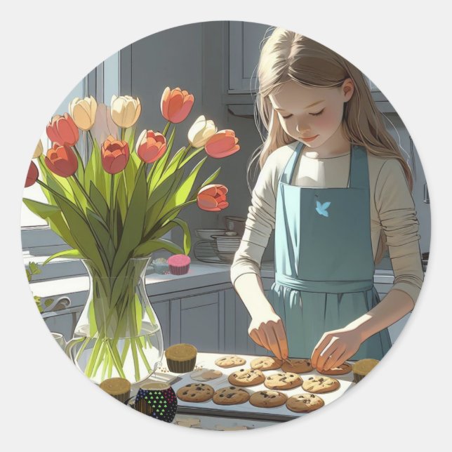 Young Girl Cookie Baker Runder Aufkleber (Vorderseite)