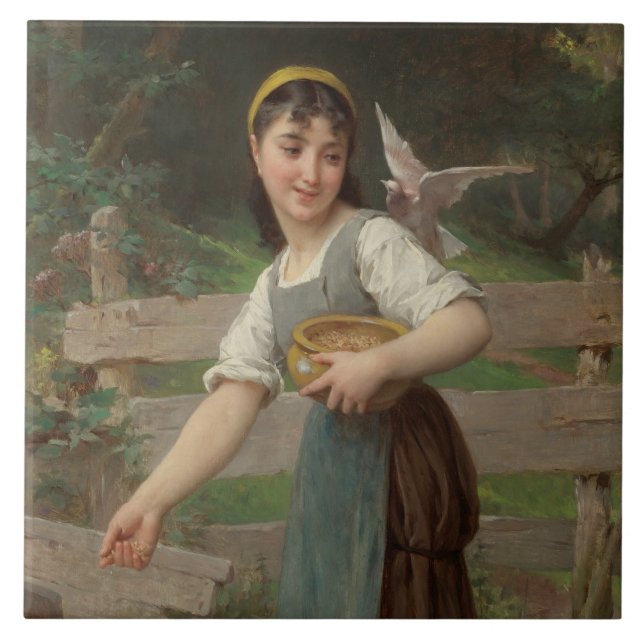 Young Girl Fütternd the Doves (von Émile Munier) Fliese (Vorderseite)
