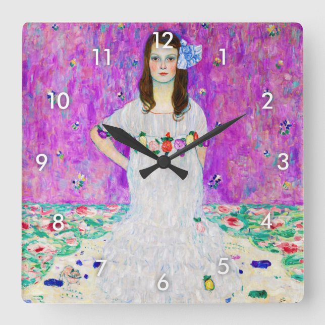 Young Girl, Gustav Klimt Quadratische Wanduhr (Vorderseite)