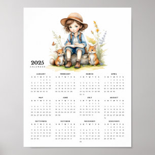 Young Girl Reading a Book to Rabbits 2025 Calendar Poster