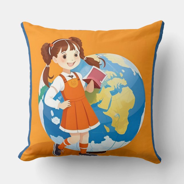 Young Girl Reading a Book with a Vibranly Globe Kissen (Vorderseite)